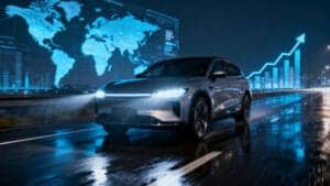 Une voiture futuriste avec des phares LED matriciels lumineux, symbolisant la taille croissante du marché mondial des phares LED, sur fond de graphiques de données.