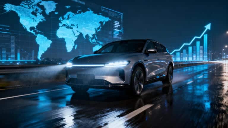 A futuristic car with bright matrix LED headlights, symbolizing the growing global LED headlight market size, with a background of data graphs.