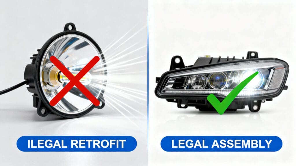 An infographic comparing a dangerous, illegal LED bulb retrofit to a compliant, full headlamp assembly, as defined by the LED automotive headlight laws in Colombia.