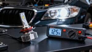 Диагностика светодиодной лампы фары H11 с помощью цифрового мультиметра на верстаке техника, иллюстрирующая ремонт и устранение неисправностей светодиодной лампы фары H11.