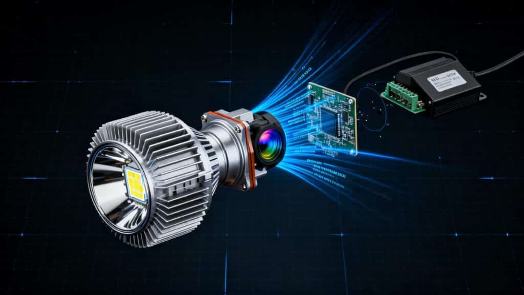 An exploded view showcasing the advanced LED car light technology, including the chip, heat sink, and internal driver from a leading car led headlight supplier.