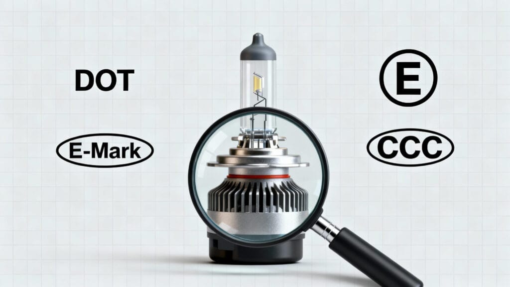 An illustration of international regulatory compliance for headlamp car bulbs, featuring DOT, E-Mark, and CCC certification logos around a bulb under a magnifying glass.