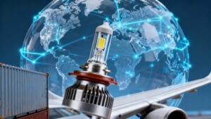 Художественное изображение современной светодиодной лампы для фар на фоне глобуса и элементов логистики, иллюстрирующее глобальный импорт и экспорт ламп для фар.