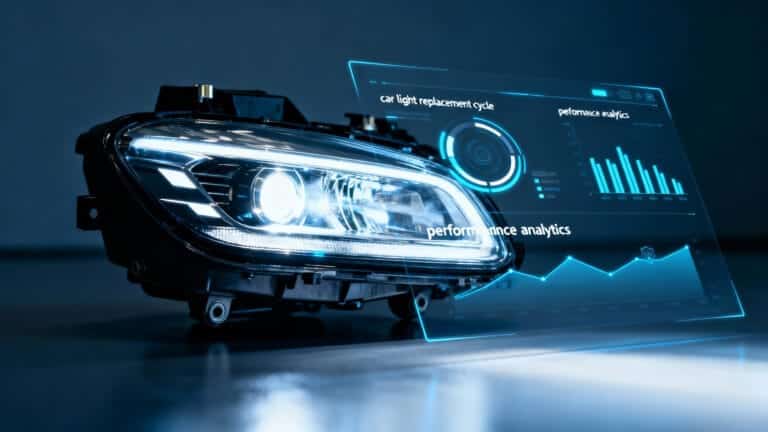 A technician analyzing data for a proactive car light replacement cycle on a modern LED headlight.