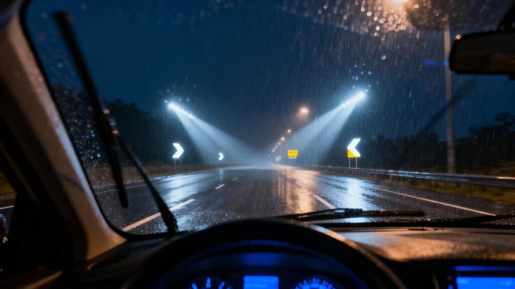A driver's view of a dark, rainy road made safe and clear by the bright illumination of LED headlamp car bulbs.
