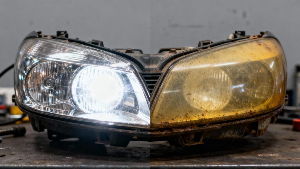 A before-and-after comparison showing a common car light failure from lens oxidation, requiring car light repair.