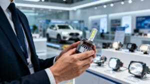 Инженер внимательно осматривает высокопроизводительную светодиодную фару, на заднем плане - современный завод по производству автомобильного освещения, иллюстрирующий процесс выбора конкурентоспособного поставщика светодиодных фар для автомобилей.