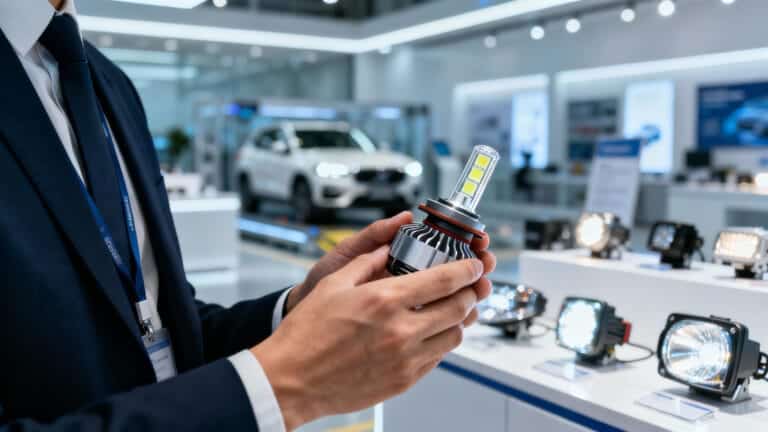 Ein Ingenieur, der einen Hochleistungs-LED-Scheinwerfer genau inspiziert. Im Hintergrund ist eine moderne Fabrik für Automobilbeleuchtung zu sehen, die den Prozess der Auswahl eines wettbewerbsfähigen Lieferanten für LED-Scheinwerfer für Autos veranschaulicht.