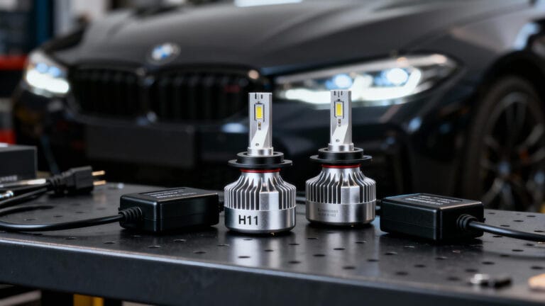 A premium LED headlight conversion kit, including H11 bulbs and retail packaging, for automotive parts resellers.