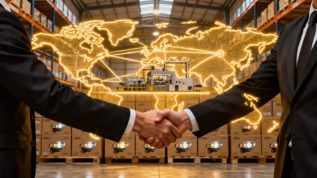 Un apretón de manos que simboliza una asociación a largo plazo con un proveedor de faros LED, con el telón de fondo de una red logística mundial que garantiza un suministro estable para las compras al por mayor.