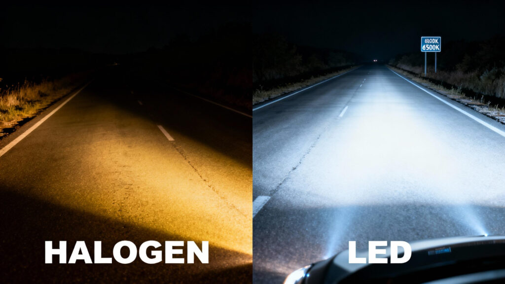 A split-screen comparison showing the dim yellow beam of a halogen bulb versus the bright white beam from an LED headlight conversion kit.