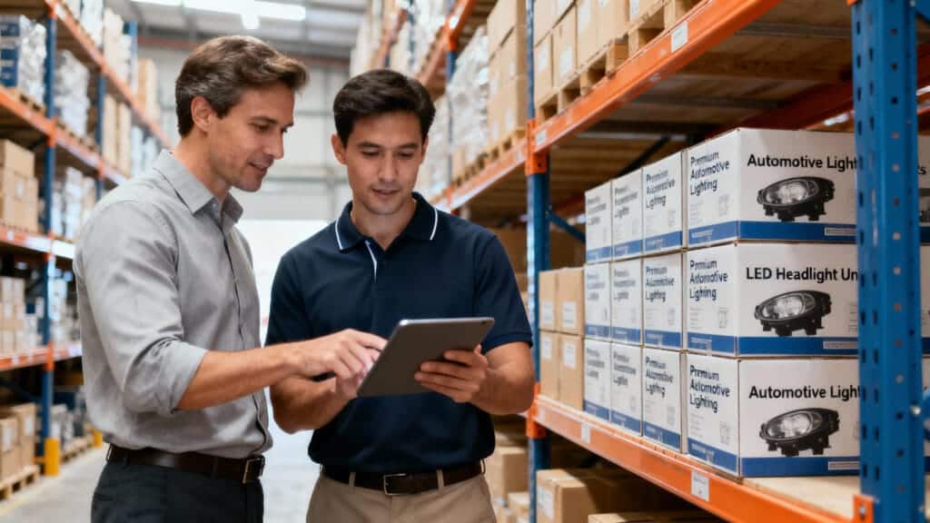 A wholesaler and distributor collaborating on inventory management for Wholesale LED Headlights in a modern warehouse.