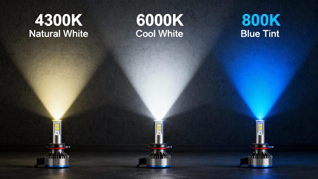 Un chiaro confronto tra la temperatura di colore dei fari a LED, che mostra la differenza visiva tra i fasci da 4300K, 6000K e 8000K.