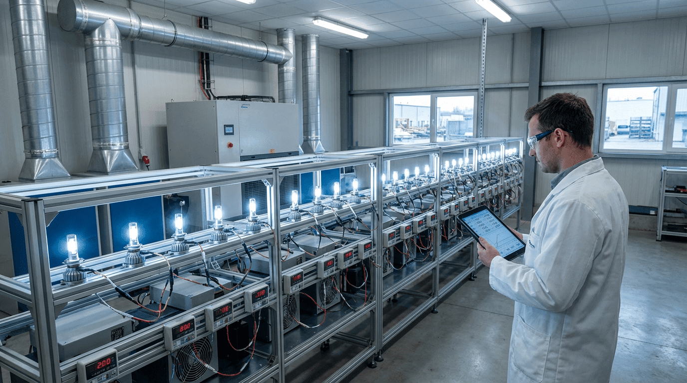 Quality and lifetime testing of LED headlight bulbs at Xienauto to support reliable private label brands