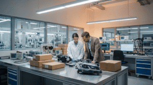 Image principale représentant des ampoules LED pour phares de marque privée en cours d'évaluation dans un laboratoire professionnel spécialisé dans l'éclairage automobile.