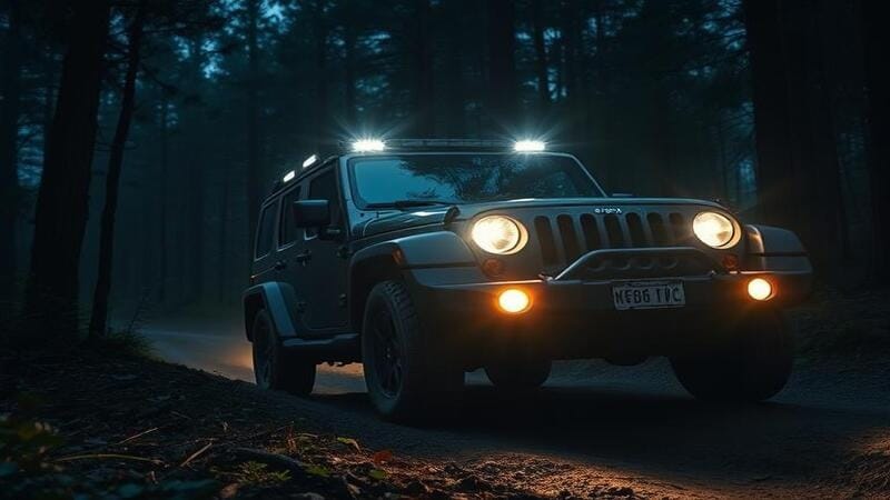 Off-road vehicle equipped with high-performance H4 LED headlight bulbs.