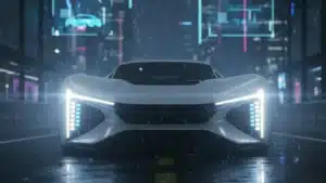 Une voiture futuriste mettant en valeur les phares LED les plus vendus avec un éclairage puissant sur une route moderne.