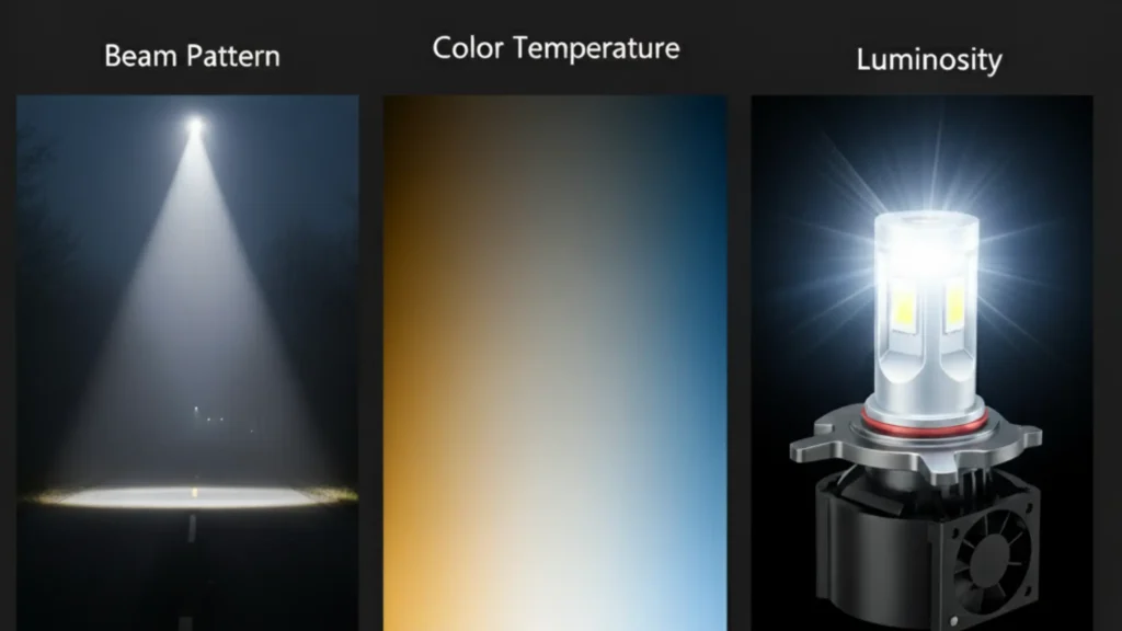 Illustration showing the key features of best-selling LED headlights: beam pattern, color temperature, and brightness.
