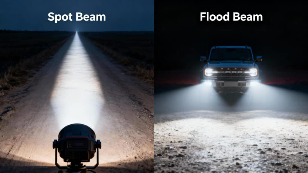 Close-up of one of the best LED headlight bulbs, proving its IP68 waterproof and shockproof rating by shining brightly while being hit with mud.