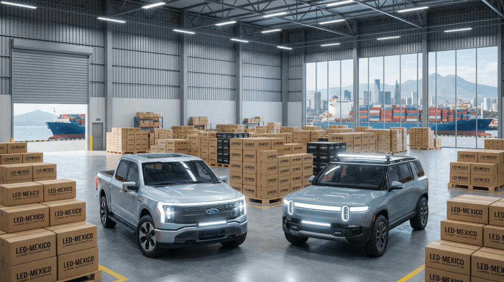 Modern warehouse and vehicles illustrating Mexico wholesale LED car lights supply from factory to B2B buyers.