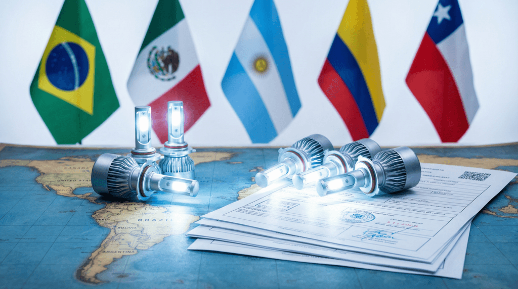 LED headlight bulbs Latin America wholesale guide featuring certified automotive LED bulbs with regional compliance documents for Brazil, Mexico, Argentina, Colombia and Chile markets