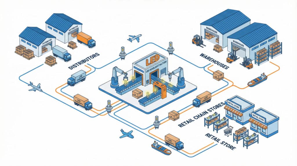Feature illustration of led headlight bulbs wholesale supply chain with distributors, warehouses and retail chains connected to a central factory