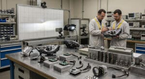 Un fournisseur d'éclairage automobile sur mesure présente des prototypes de phares à DEL, de l'outillage et des essais optiques dans un laboratoire industriel