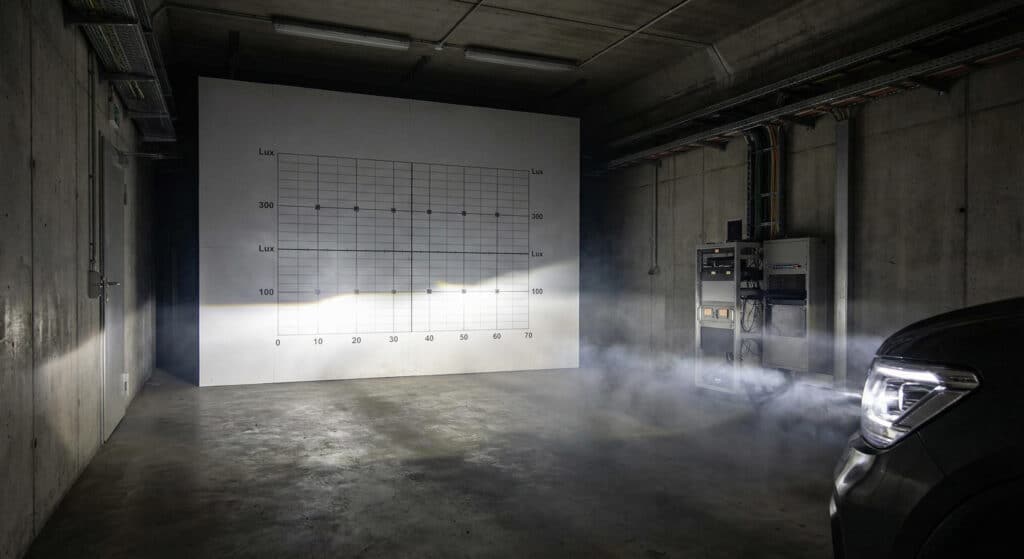 High-lumen LED headlights beam pattern testing in controlled lab environment