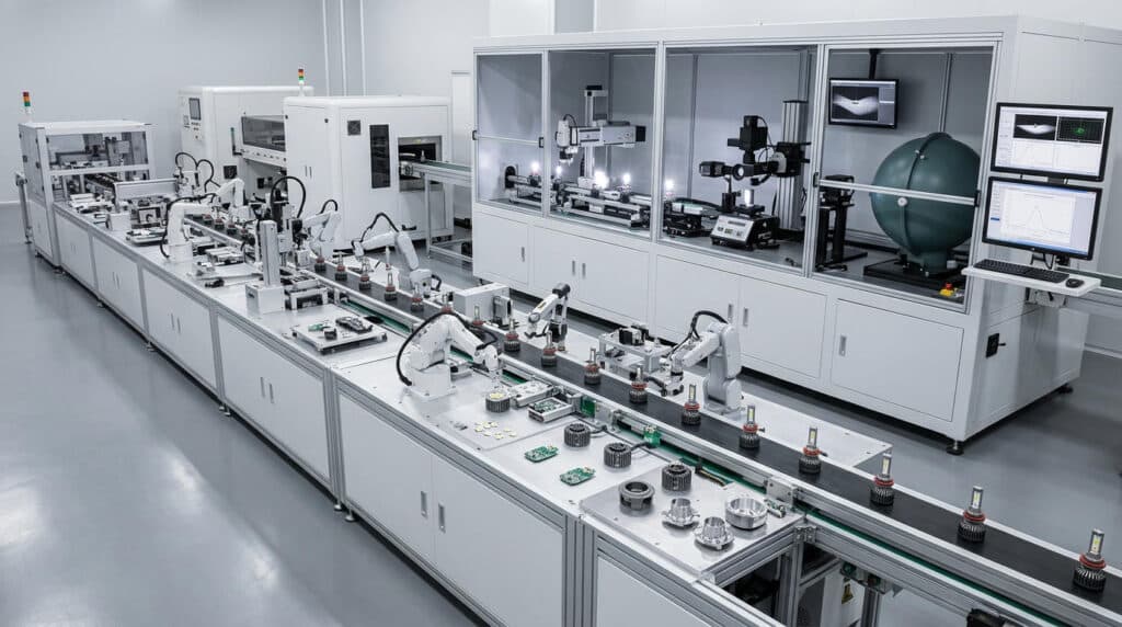 Quality control LED bulbs testing on automated production line