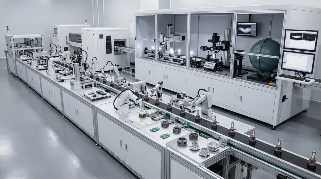 Quality control LED bulbs testing on automated production line