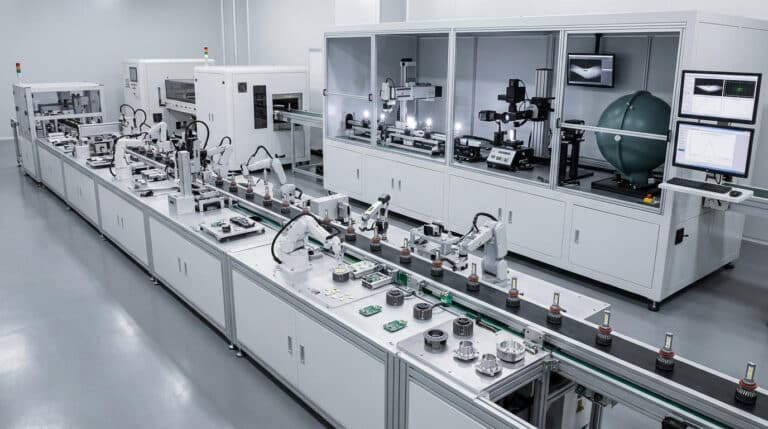 Quality control LED bulbs testing on automated production line