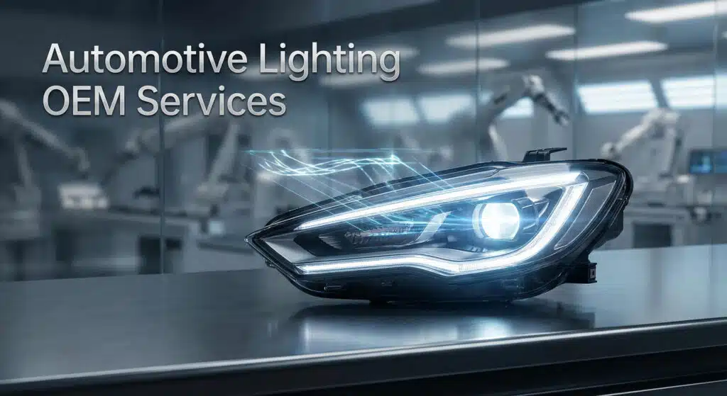 Custom automotive lighting OEM solutions showcasing high-tech LED headlights in a professional manufacturing environment.