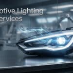 Custom automotive lighting OEM solutions showcasing high-tech LED headlights in a professional manufacturing environment.