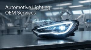 Solutions OEM d'éclairage automobile sur mesure présentant des phares LED de haute technologie dans un environnement de fabrication professionnel.