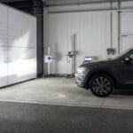 LED headlight beam pattern test showing low beam cut-off line and high beam illumination effect